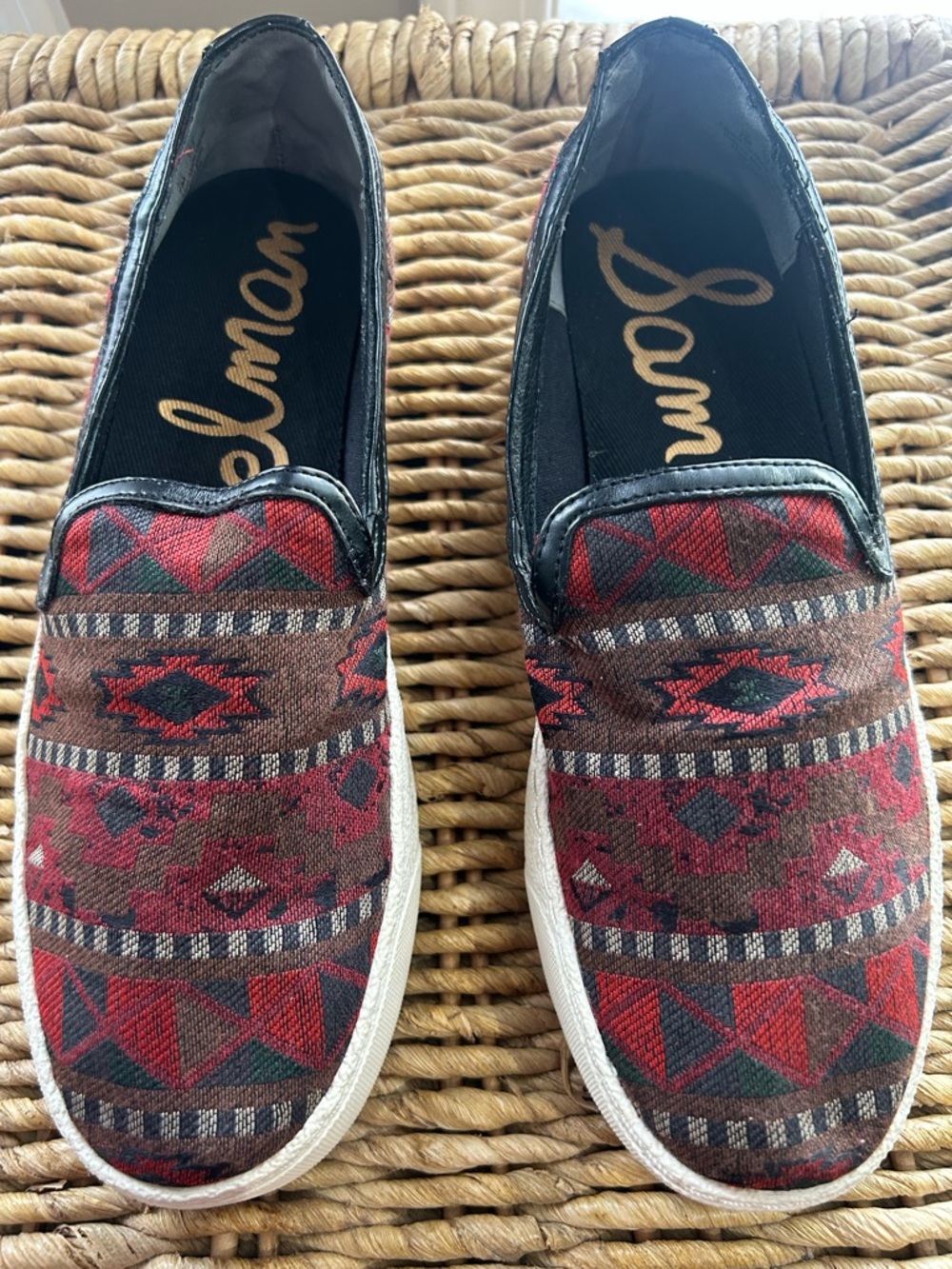 Sam Edelman Women’s Slip-On Sneakers Red & Brown Aztec & Faux Leather Trim sz 7